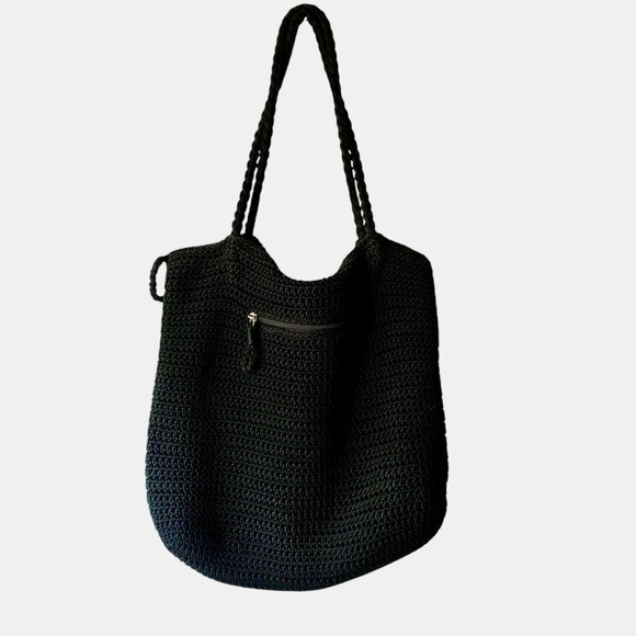 THE SAK Black Woven Crochet Purse Shoulder Bag LRG Zipper Pockets In n Out - Picture 1 of 8